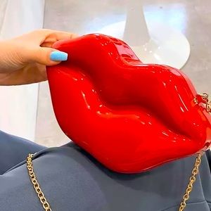 Red Lip Clutch With Gold Chain